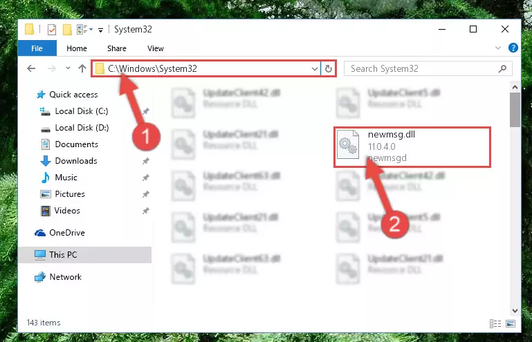 Pasting the Newmsg.dll file into the Windows/sysWOW64 folder